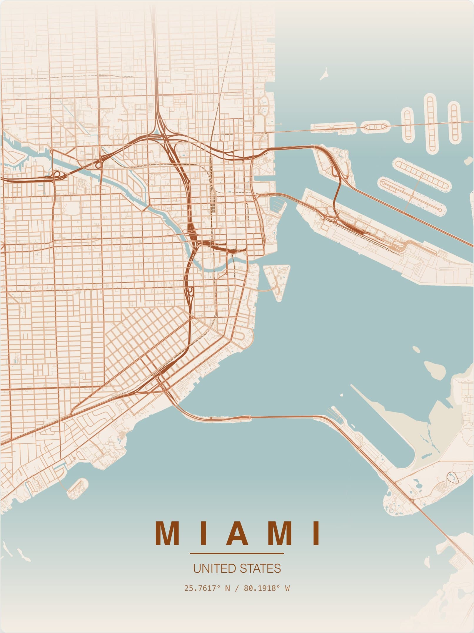 Miami custom map poster in Terracotta theme