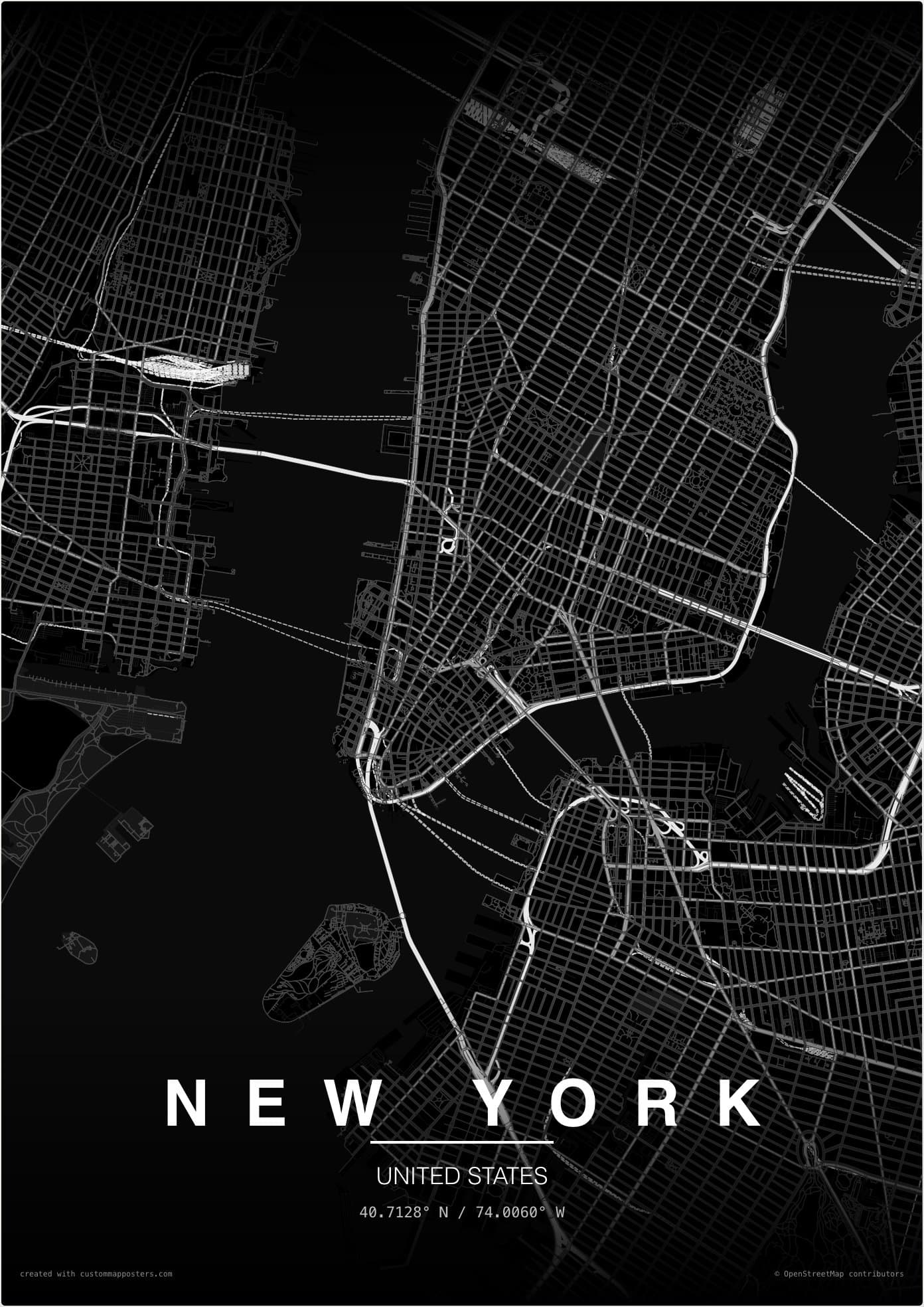 New York custom map poster in Noir theme